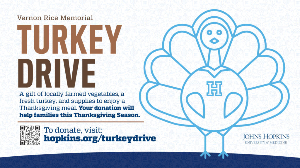 Graphic of a turkey on the right in blue outline. On the left is text and a QR code asking for donations to the Vernon Rice Memorial Holiday Turkey Program.