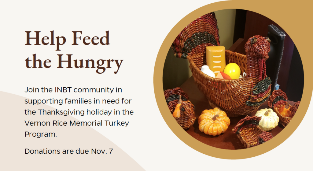 Graphical image with text that reads Help Feed the Hungry in bold. The picture on the right is a wicker turkey basket.