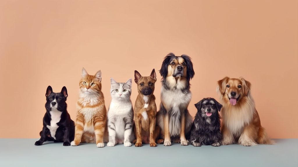 Generative AI image of dogs and cats lined up together for a portrait in front of a seamless pink background. Mixed breeds at an animal shelter.