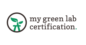 My Green Lab organization logo. It has a circle with a leaf in it on the left and my green lab certification text on the right.