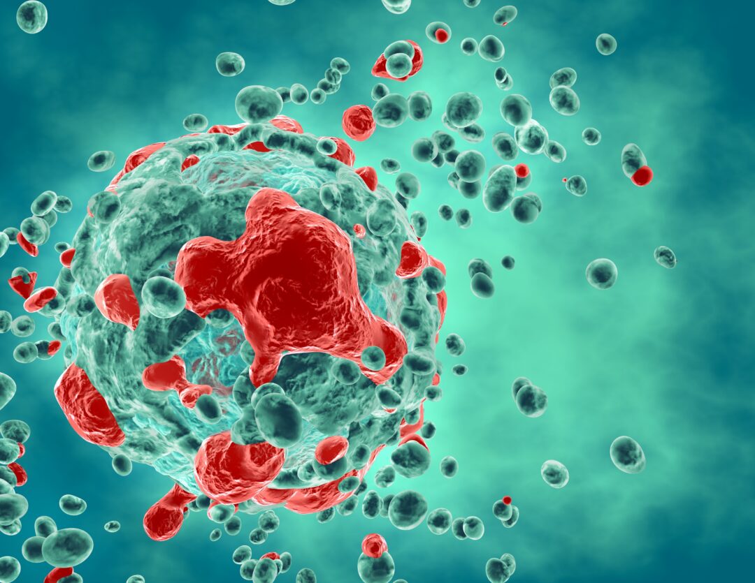 Medical 3D illustration of cancer tumor cells growth and propagation illness process in green and red.