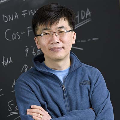 Headshot of Professor Taekjip Ha in a blue fleece hoodie with arms crossed and standing in front of a chalk board.