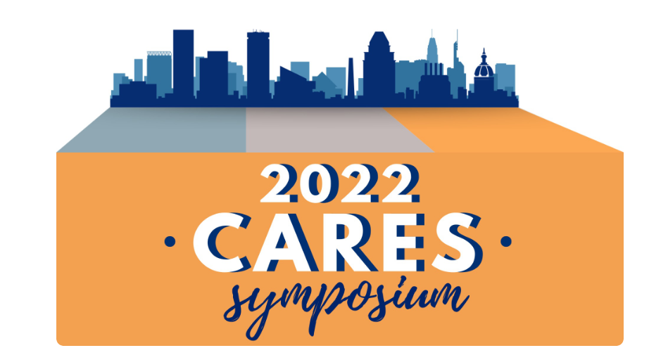 Baltimore skyline in blue in background with orange field in foreground with the text 2022 CARES symposium