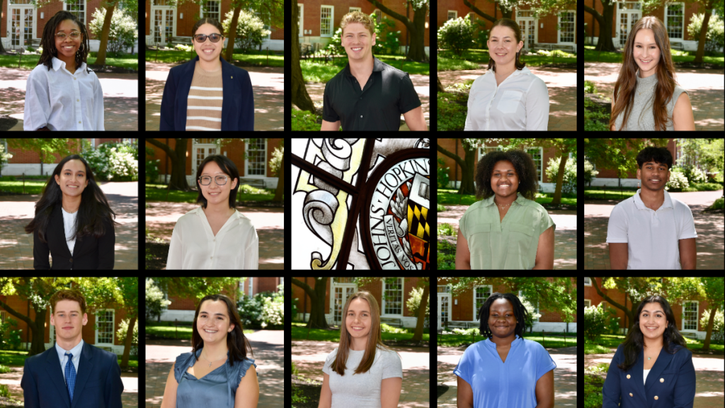 Photo collage of 14 students. They are all dressed business casual in front of a red and white brick building with foliage in the background.