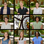 Photo collage of 14 students. They are all dressed business casual in front of a red and white brick building with foliage in the background.