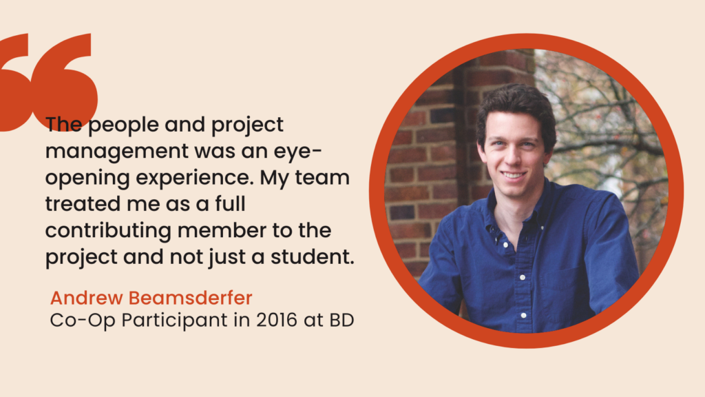 Graphic and photo combination. Headshot of Andrew Beamsderfer on the right and his student testimonial on the left.