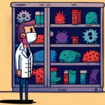 Cartoon researcher in lab coat and mask in front of a cabinet filled with various microbes.
