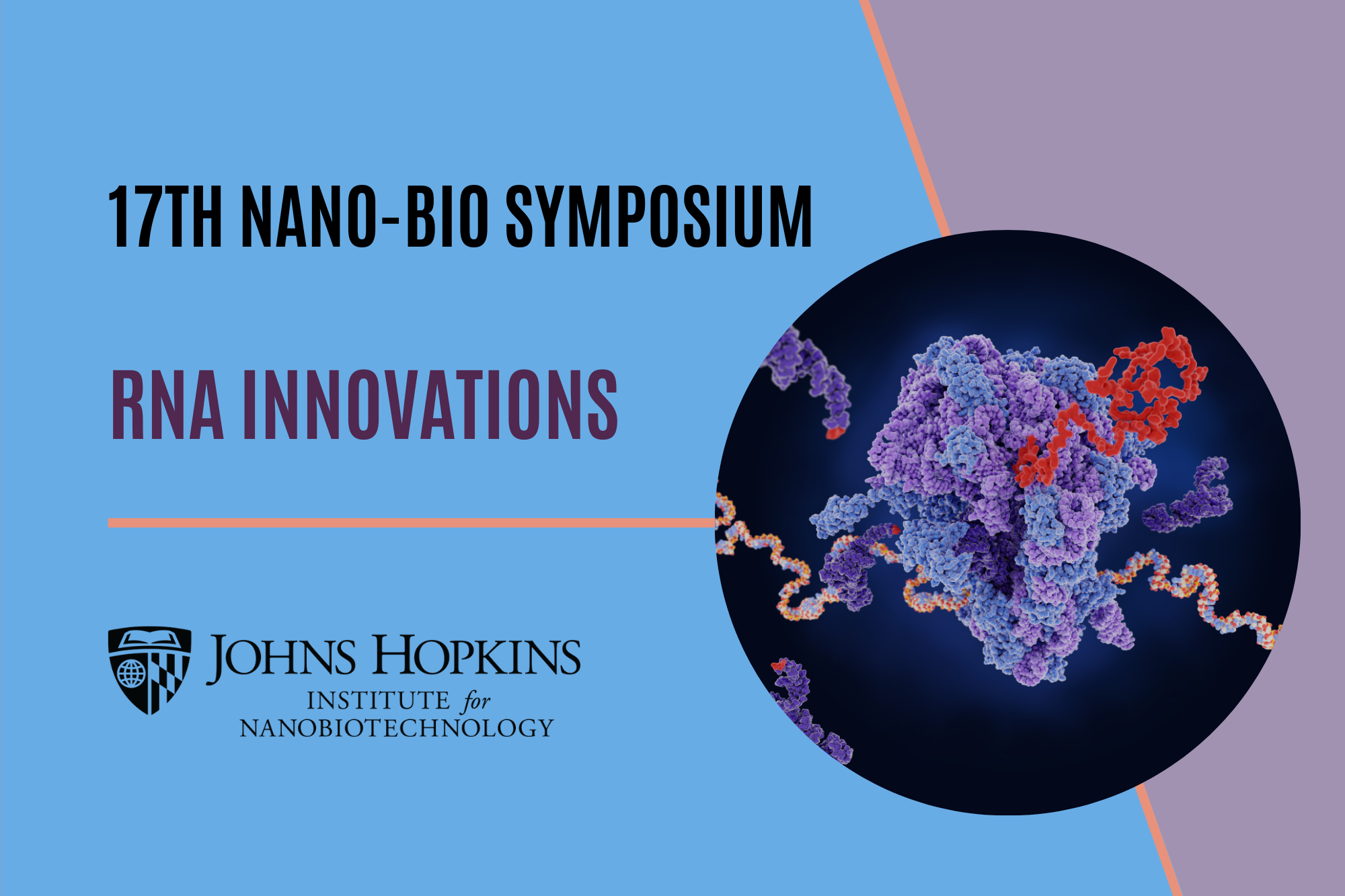 Advertisement. In black and purple text it reads 17th Nano-Bio Symposium, RNA Innovations. The background is light blue and purple. On the right is a artistic representation of the COVIC mRNA vaccine.