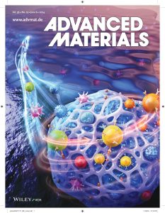 Artistic illustration of an artificial lymph node on the cover an academic journal titled Advanced Materials.