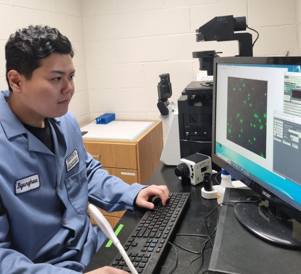 Byunghwa Kang working at a computer looking at microscopy images. He is in a blue lab coat with curly black hair.