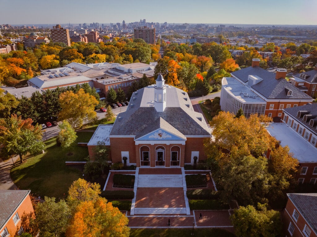 Aerial shot of Shriver Hall at Johns Hopkins University