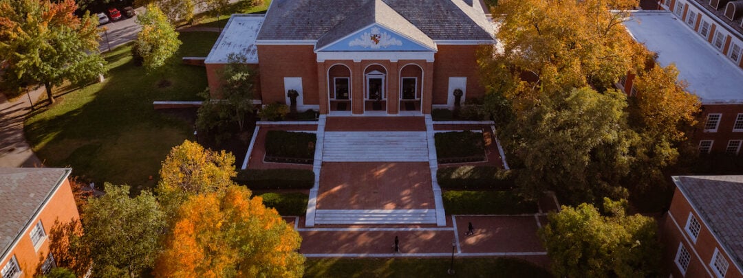 Aerial shot of Shriver Hall at Johns Hopkins University