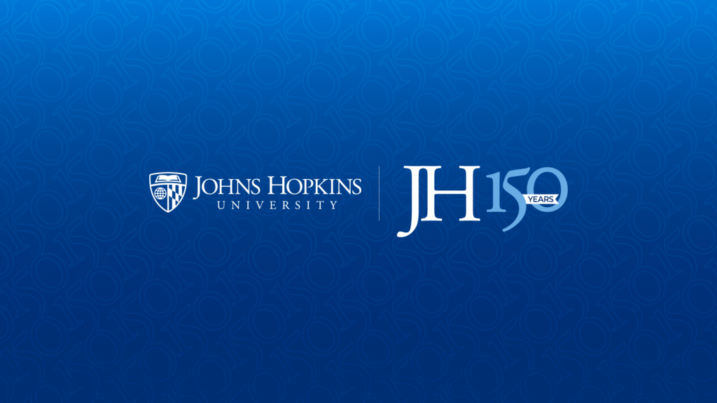 Blue background with JHU logo and 150th year logo