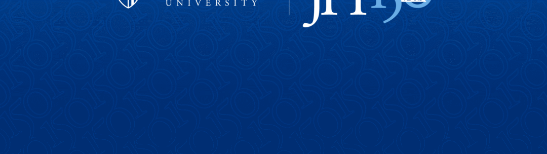 Blue background with JHU logo and 150th year logo