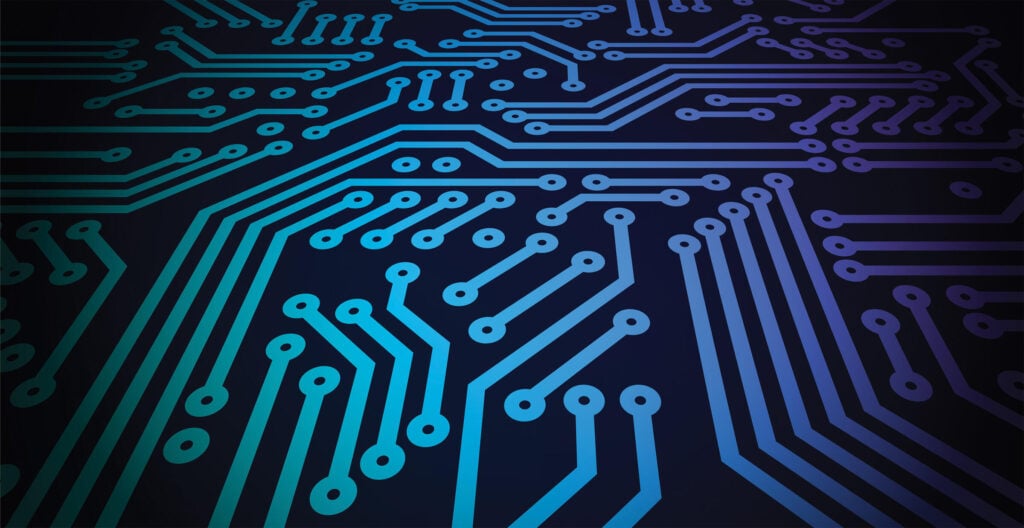 Abstract image of a circuit board in black and shades of blue.