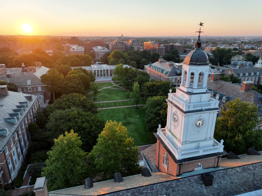 Overhead shot of Johns Hopkins University Homewood campus in the evening