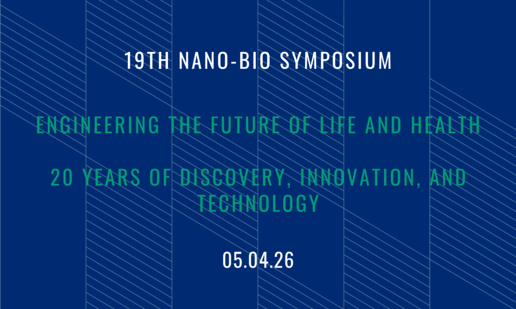 Dark blue, white, and green graphic with INBT logo on top, mid-length 19th- nano-bio symposium, and save the date.