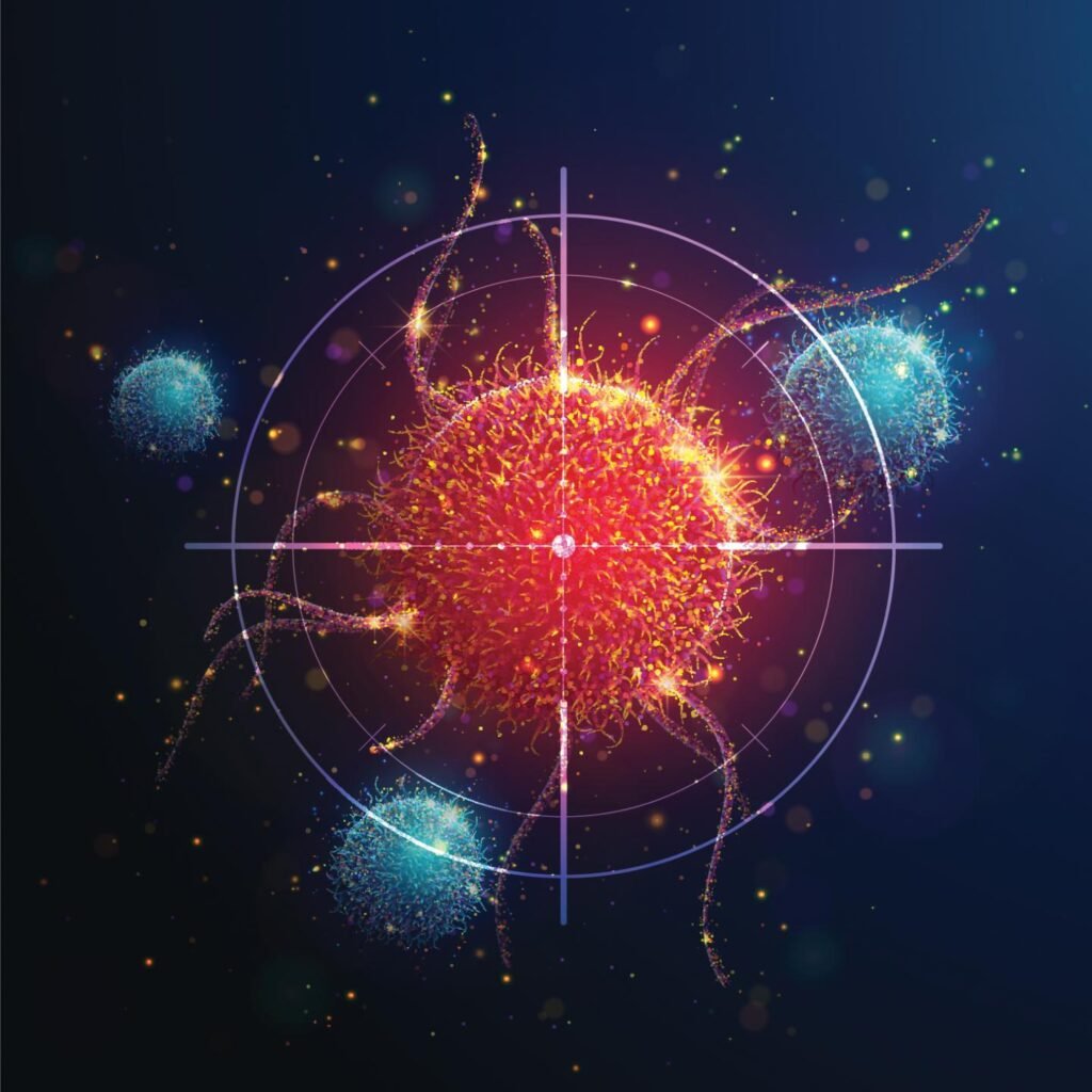 graphic of a cancer cell in the center in red with pink crosshairs around it. Surrounding it are blue balls that represent immune cells.