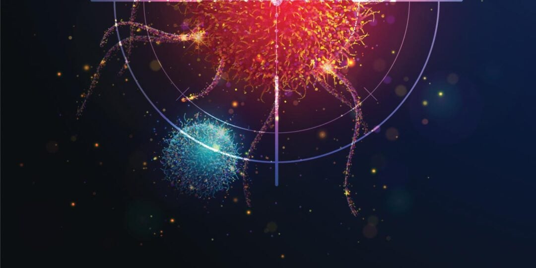 graphic of a cancer cell in the center in red with pink crosshairs around it. Surrounding it are blue balls that represent immune cells.