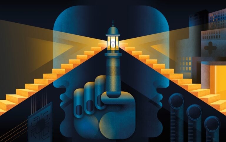 Graphic of a hand with the pointer finger as a light house.