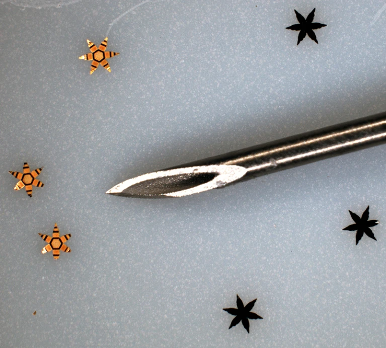 Zoomed in photo of metal six metal grippers shaped liked stars next to 18 gauge need for scale reference.