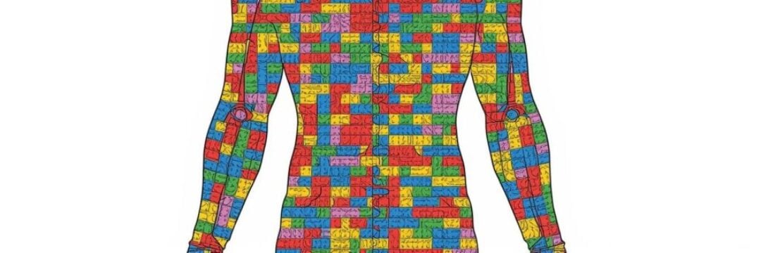 Graphic image of a human silhoutte with multicolor building blocks randomly placed in the body.