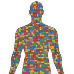 Graphic image of a human silhoutte with multicolor building blocks randomly placed in the body.