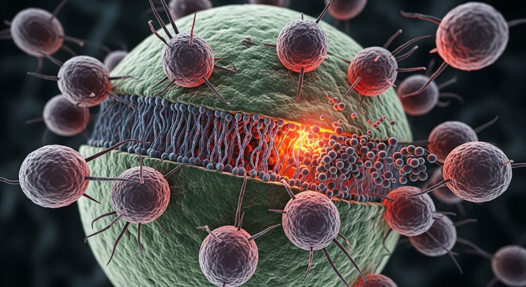 Microscopic view of targeted drug delivery with nanoparticles interacting with a cell membrane's lipid bilayer.