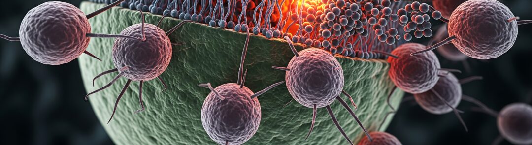 Microscopic view of targeted drug delivery with nanoparticles interacting with a cell membrane's lipid bilayer.