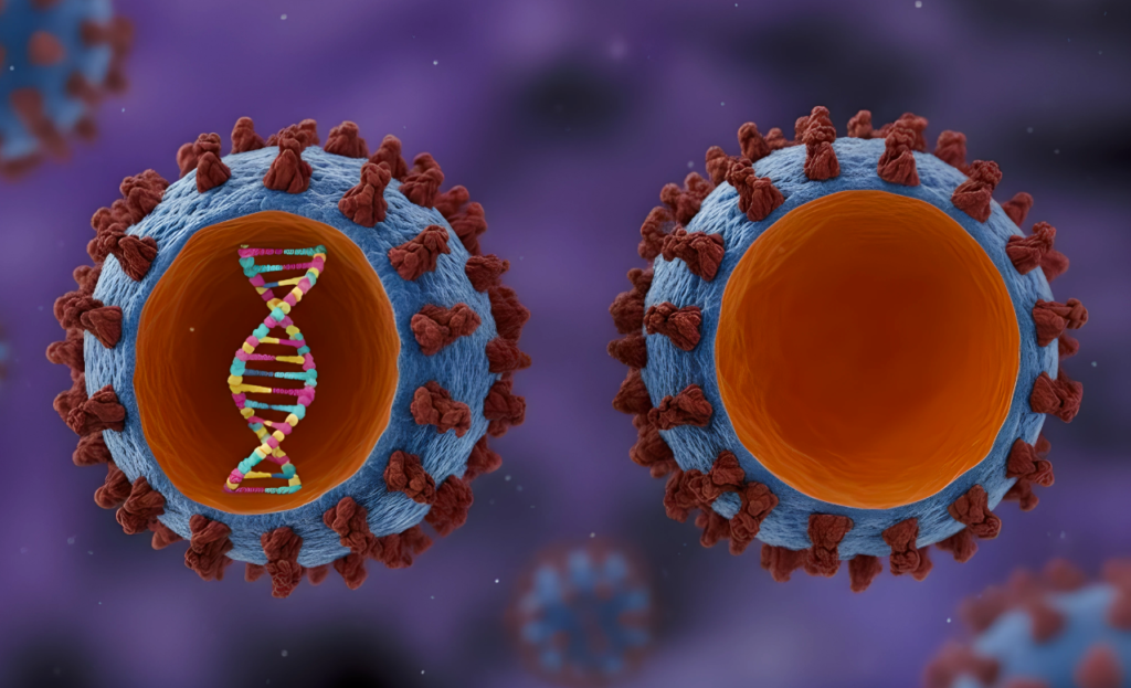 Vector graphic of two circular structures. One is empty and the other has a double helix.